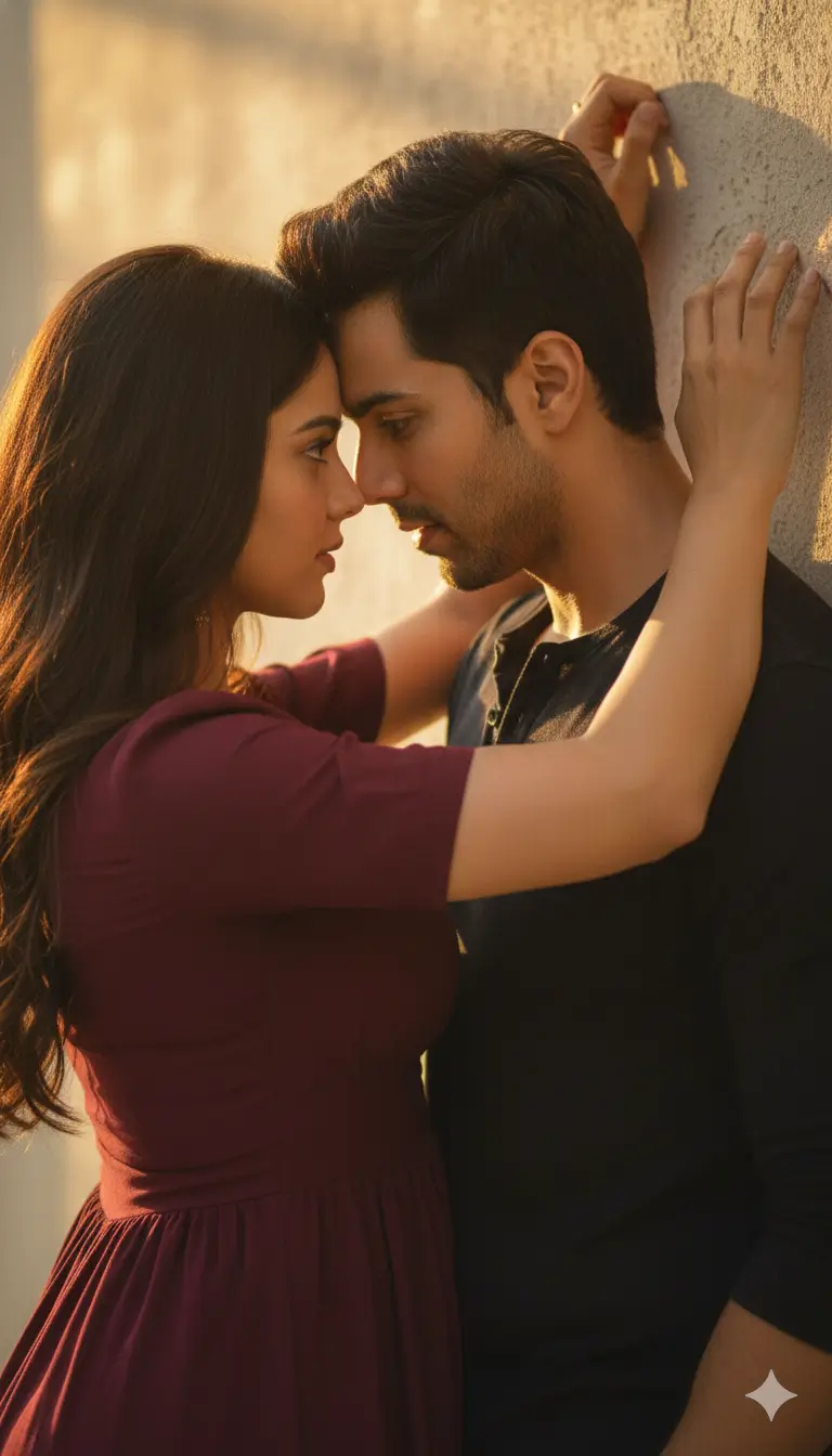 Golden Hour Embrace: Cinematic Intimacy in Maroon and Shadow